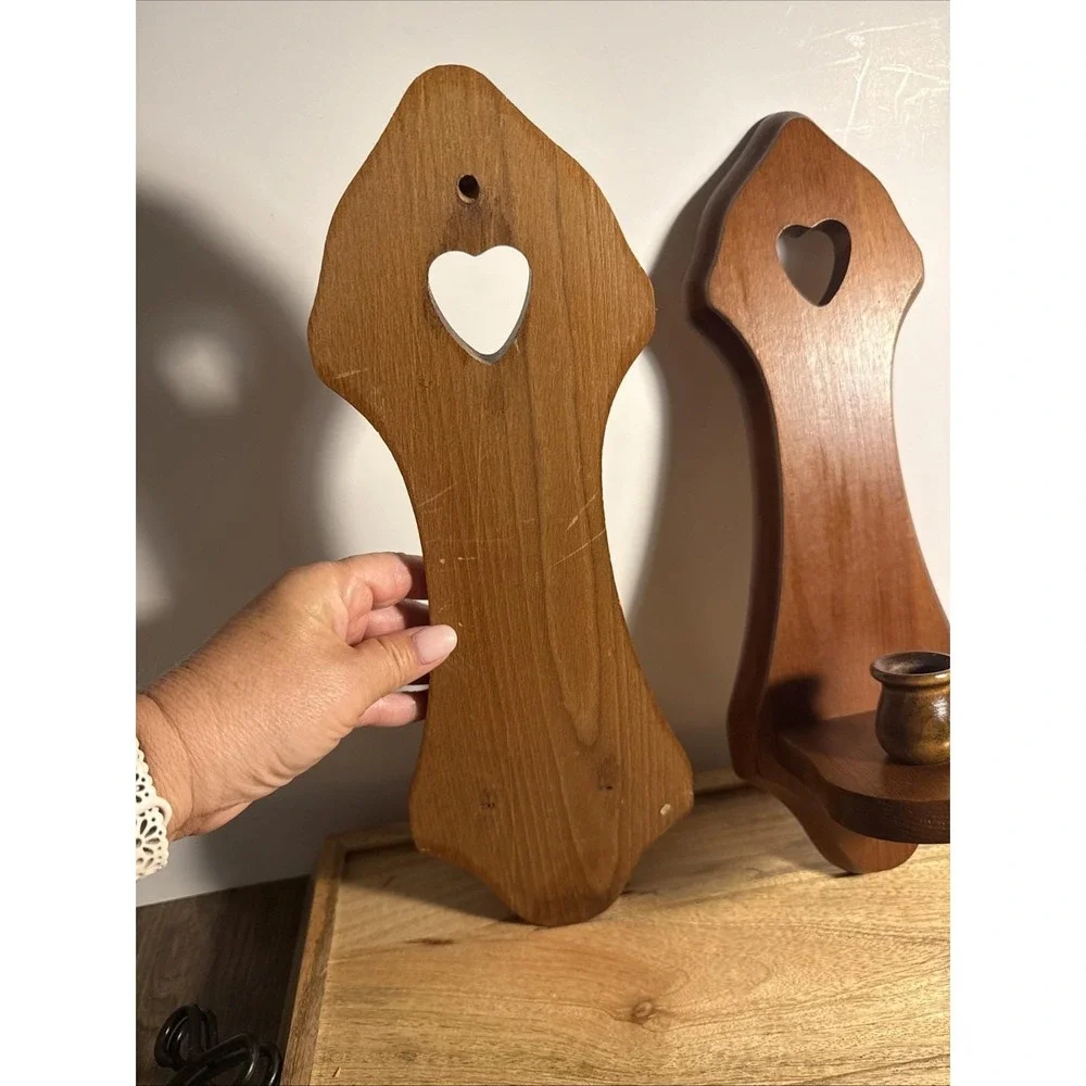 Vintage Wooden Heart Cutout Wooden Wall Scounce/taper Holder, Cottage Core Set 2